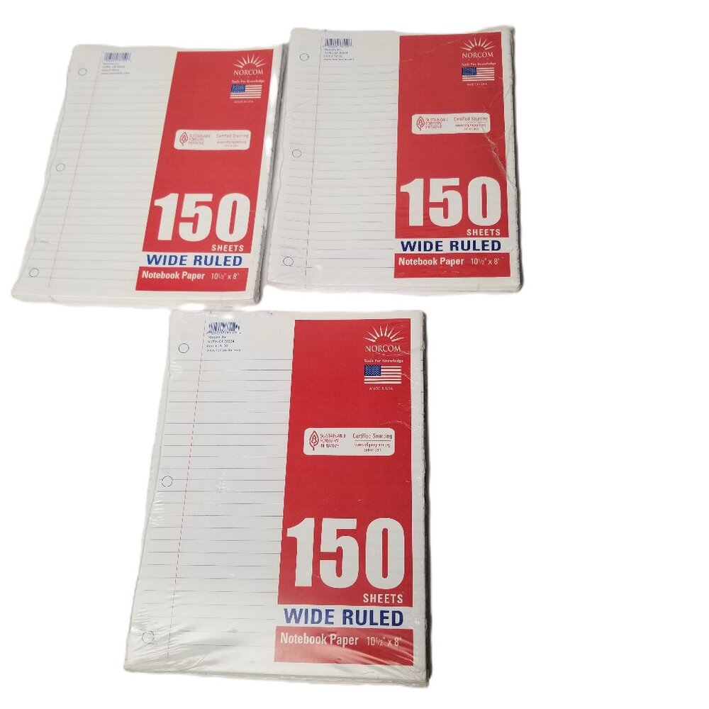 Norcom Wide Ruled Notebook Paper 150 Sheets 3 Pack Sealed 450 Total